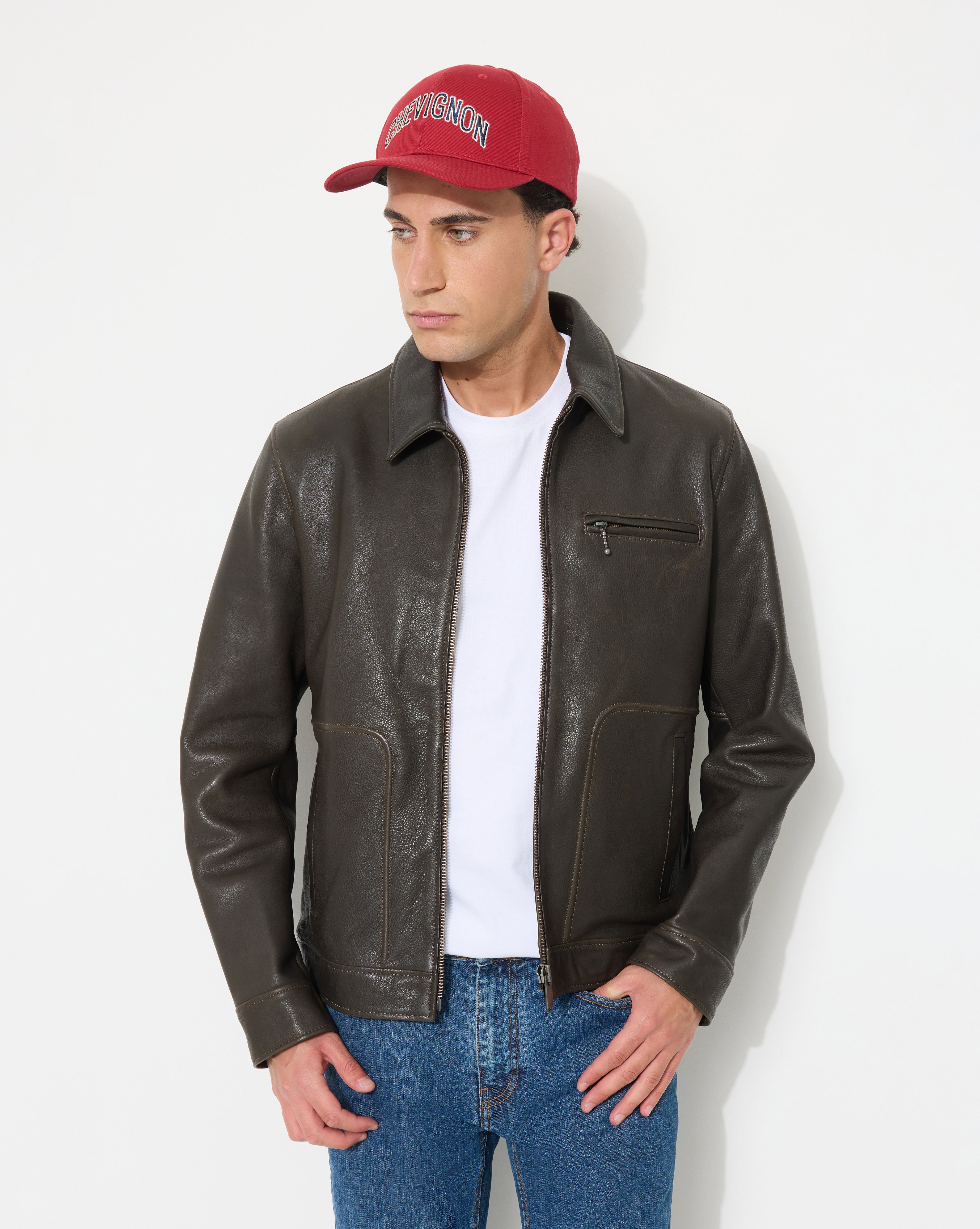 BLOUSON EN CUIR MOTOR MARRON