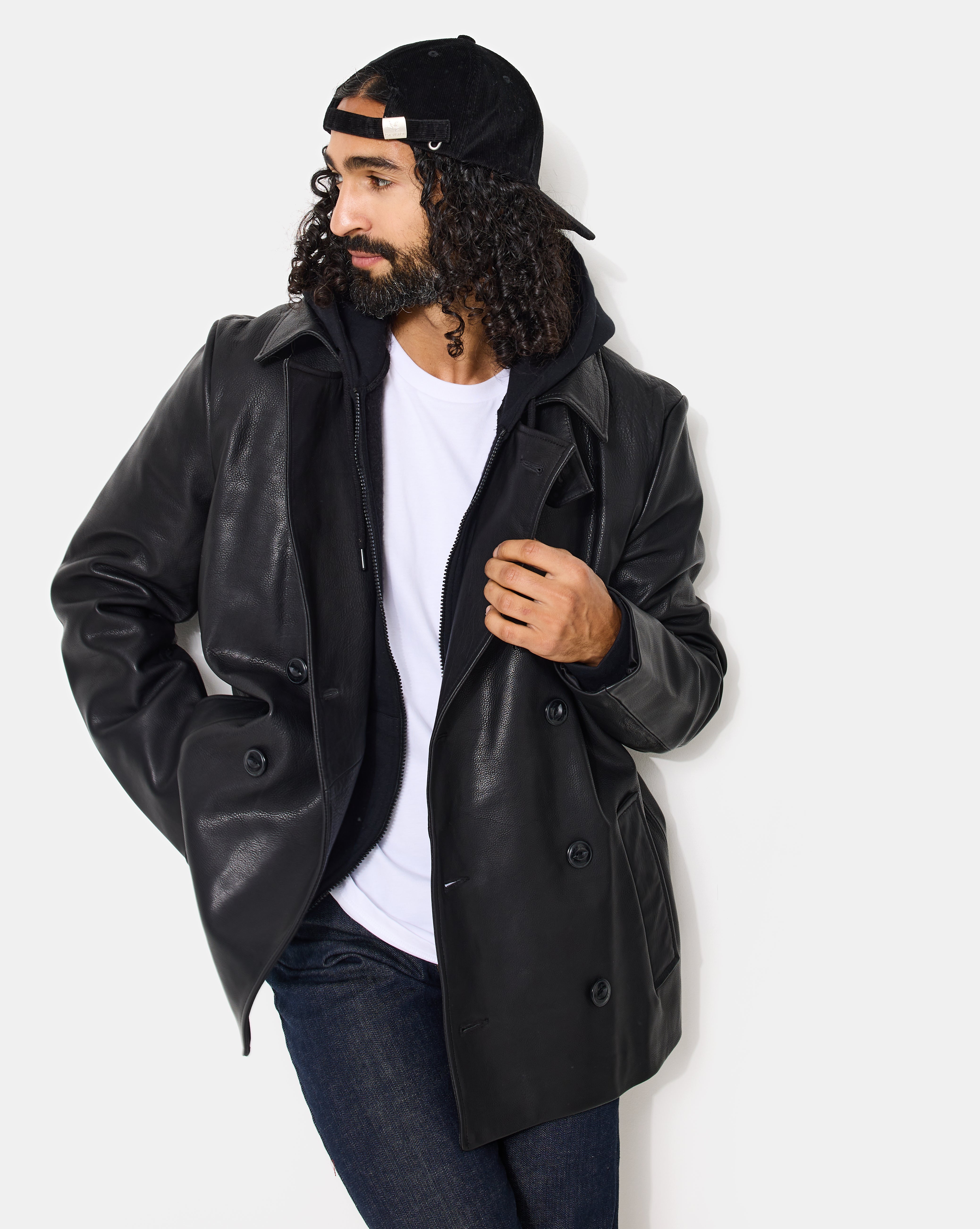 BLACK LEATHER PEA COAT