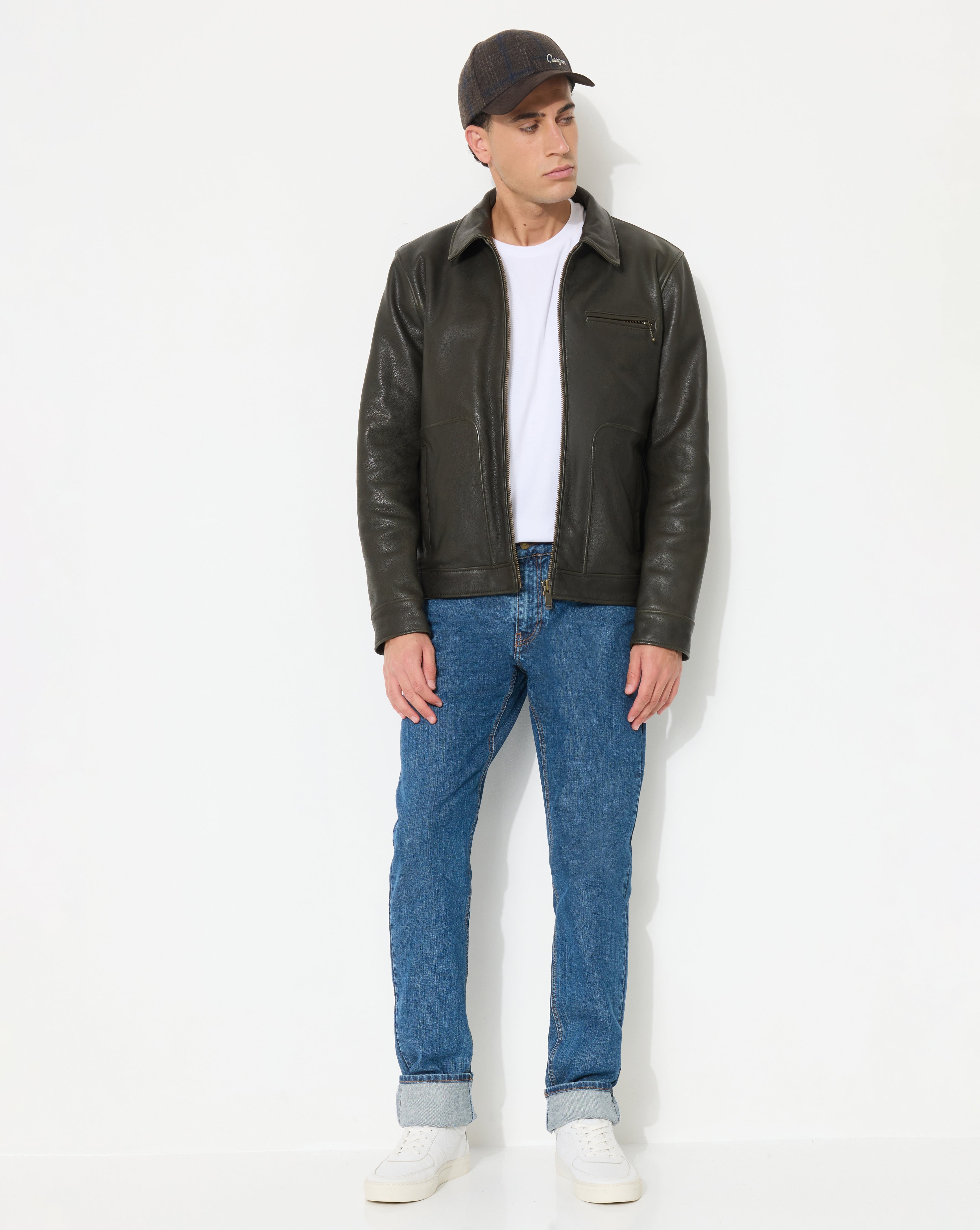 BLOUSON EN CUIR MOTOR VERT