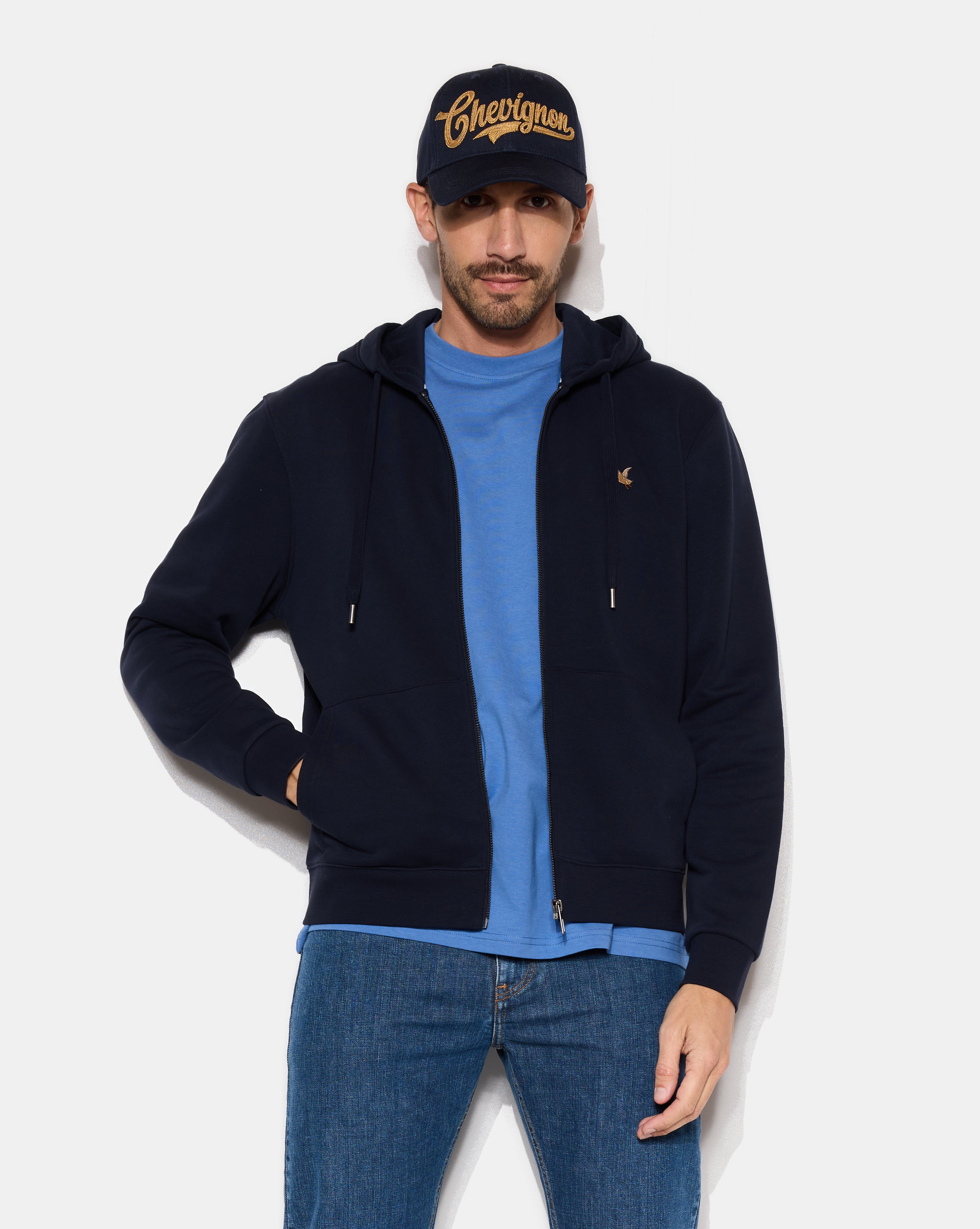 NAVY BLUE ZIPPED CITY HOODED SWEATSHIRT