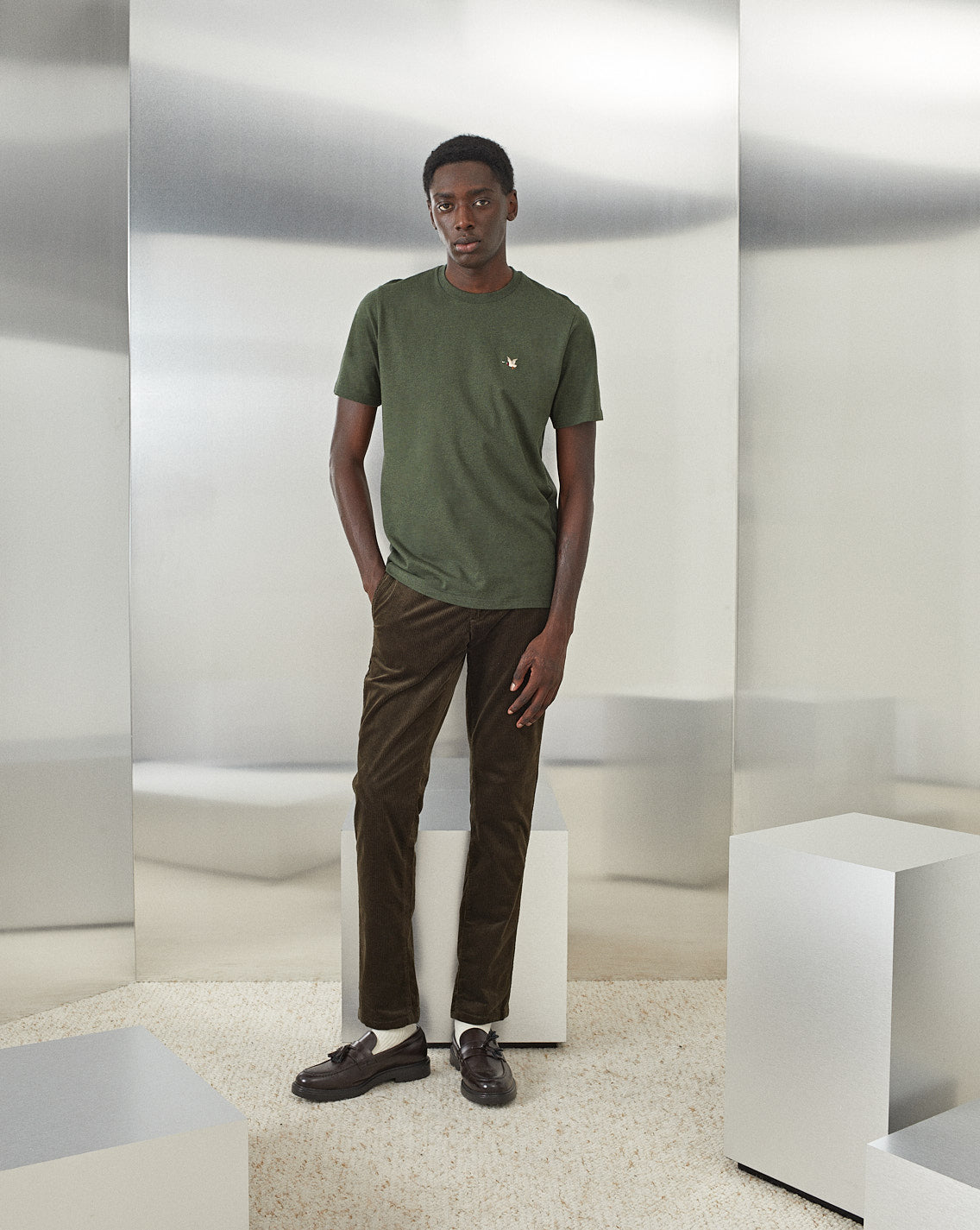 DUCK KHAKI VELVET CHINO TROUSERS